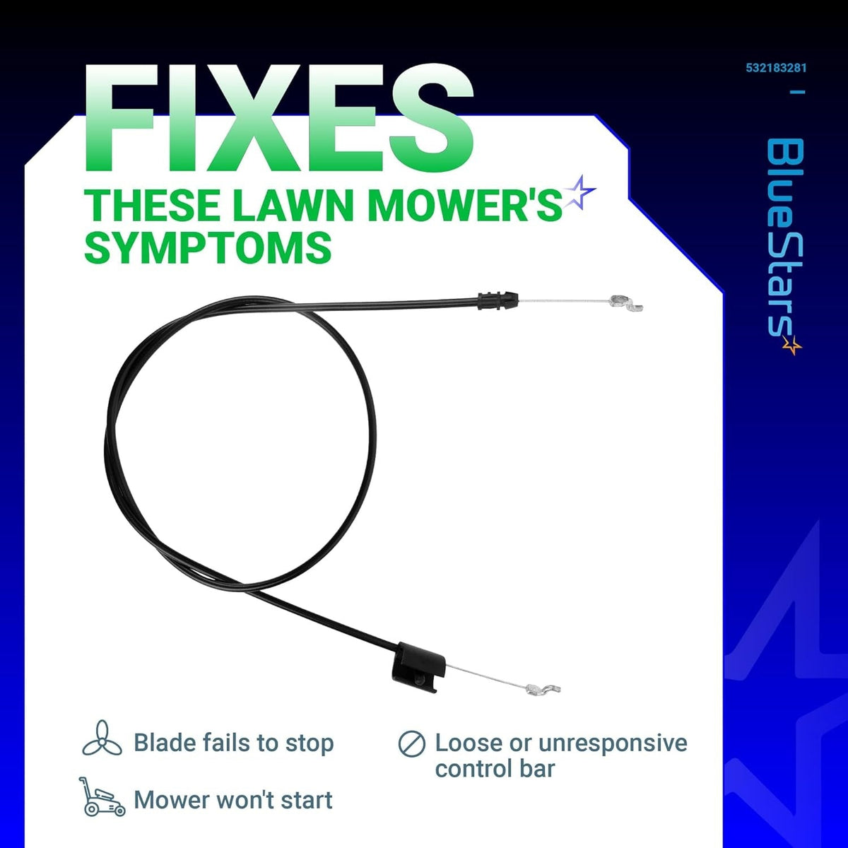 Single 532183281 engine zone control cable for Husqvarna, Craftsman, and Poulan walk-behind lawn mowers.