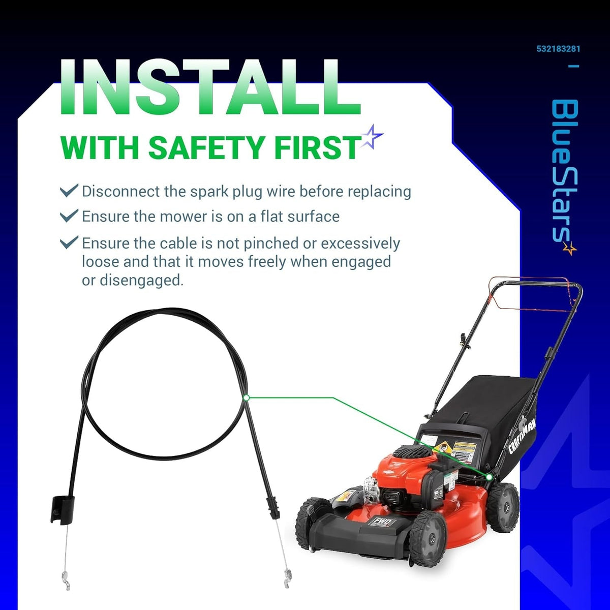 Installation guide for 532183281 engine zone control cable on a walk-behind mower.