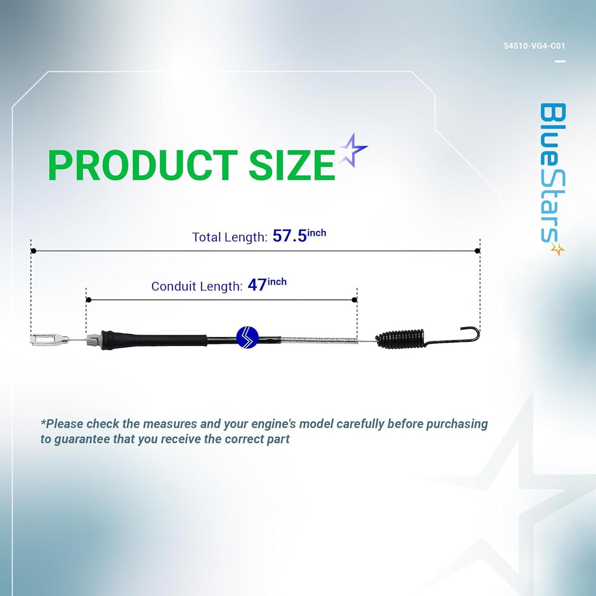 Diagram showing 57.5-inch total length and 47-inch conduit length for BlueStars replacement engine control cable.