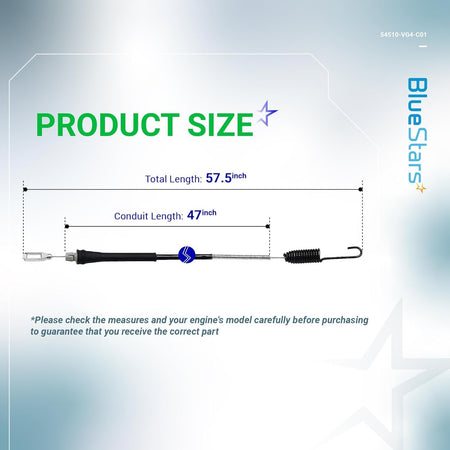 Diagram showing 57.5-inch total length and 47-inch conduit length for BlueStars replacement engine control cable.