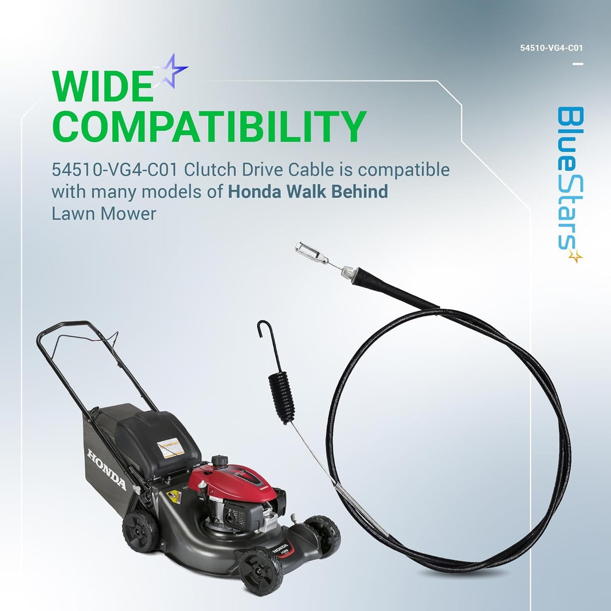 54510-VG4-C01 clutch drive cable for Honda walk-behind lawn mower with spring attachment.
