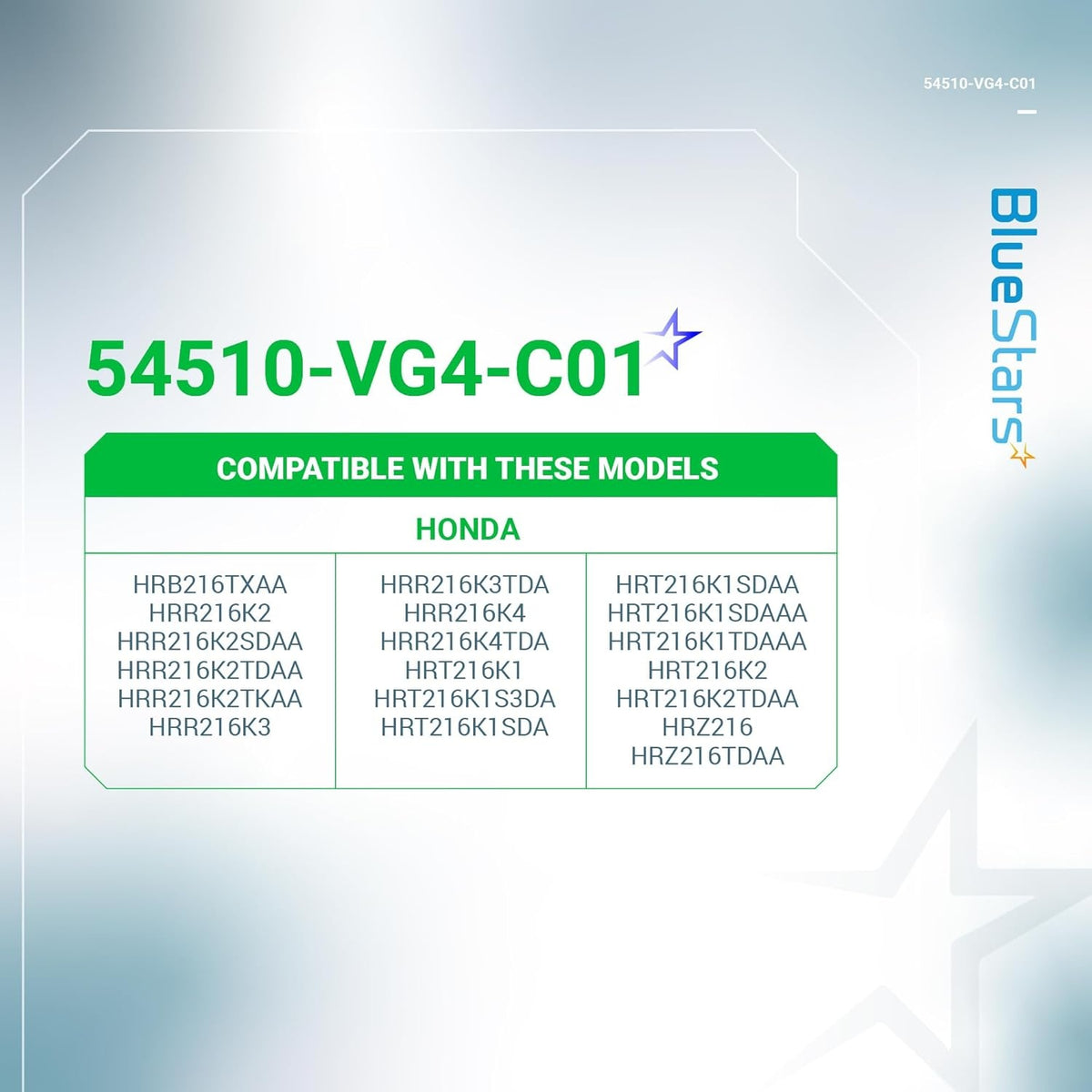 BlueStars 54510-VG4-C01 replacement part compatibility chart for Honda lawn mower models.