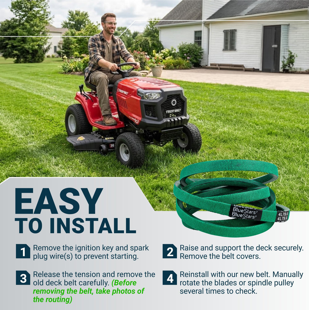 Green replacement deck belt for riding lawn mowers with easy installation instructions.