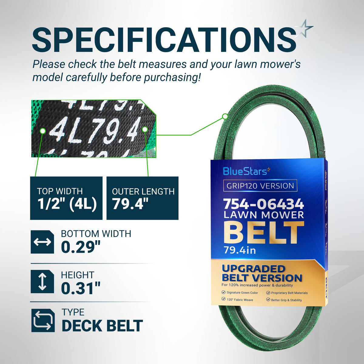 BlueStars 754-06434 lawn mower deck belt specifications chart showing 79.4-inch length and 1/2-inch width dimensions.