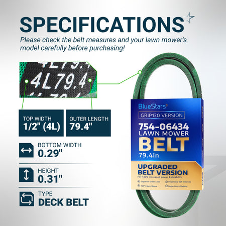 BlueStars 754-06434 lawn mower deck belt specifications chart showing 79.4-inch length and 1/2-inch width dimensions.
