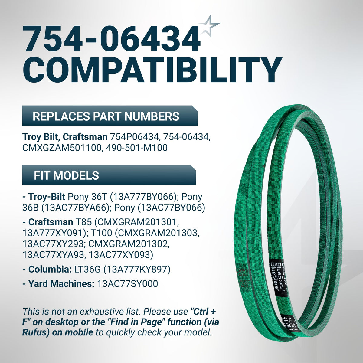 754-06434 replacement drive belt compatibility chart for Troy-Bilt, Craftsman, and Columbia lawn mowers.