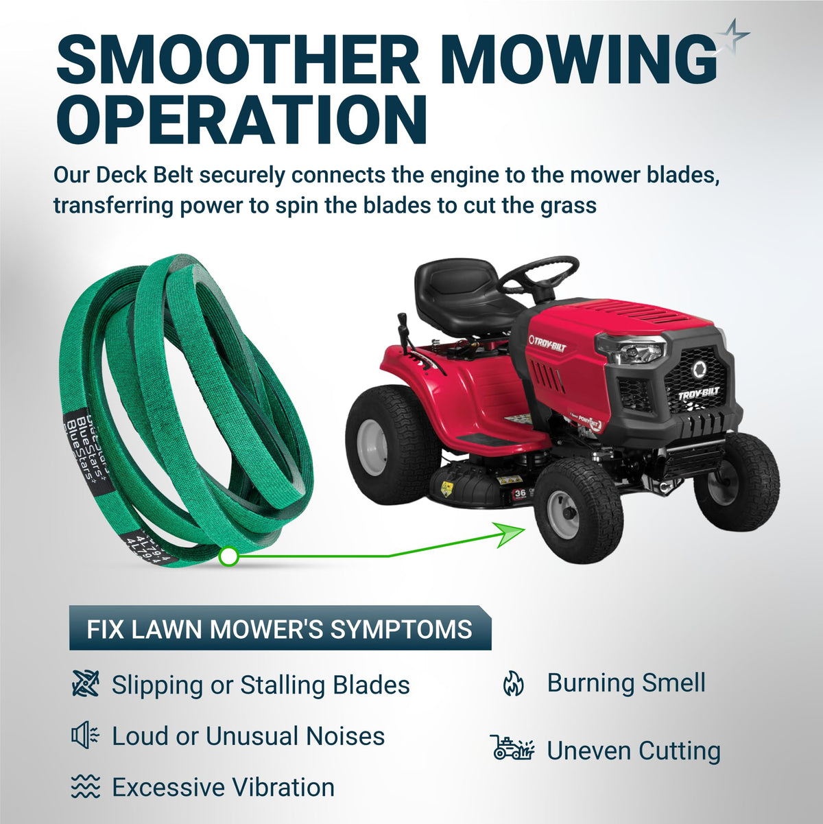 Green replacement deck belt for Troy-Bilt riding lawn mower showing installation point and common repair symptoms.