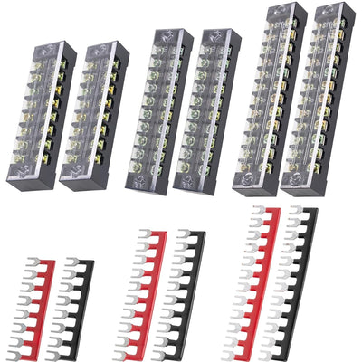 Set of six 8, 10, and 12-position 600V 15A terminal strip blocks with matching red and black jumper strips.