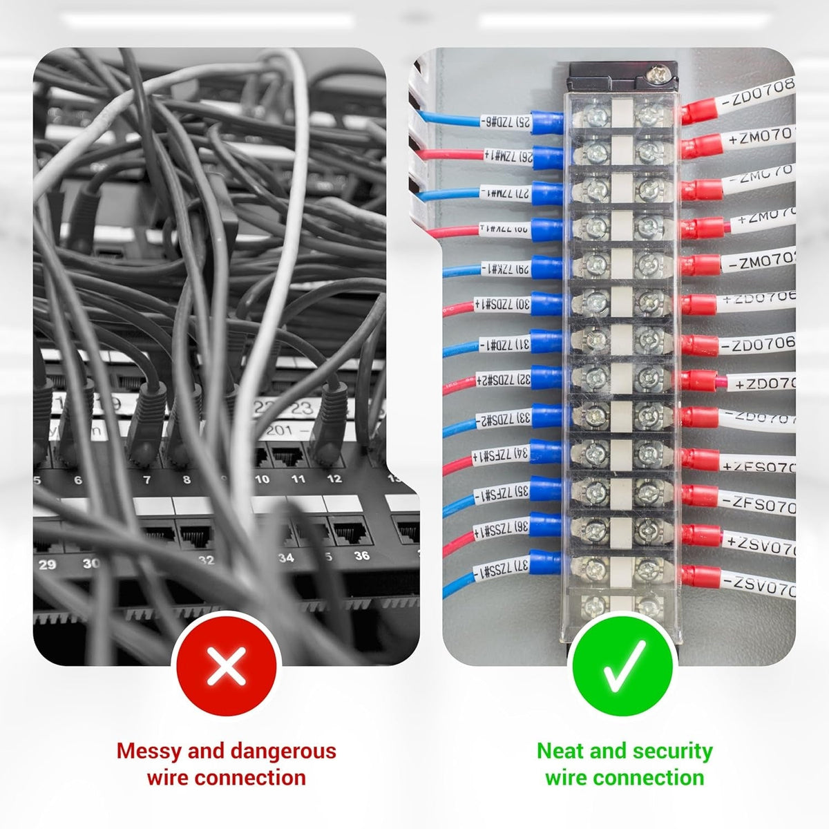 Comparison of messy network cables versus organized wiring using a 600V 15A terminal strip block.