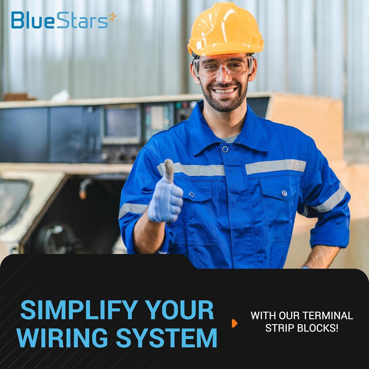 Professional technician in safety gear promoting BlueStars terminal strip blocks for wiring systems.