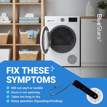 691366 Dryer Idler Pulley symptom graphic showing a front-loading dryer, pulley illustration, and listed symptoms