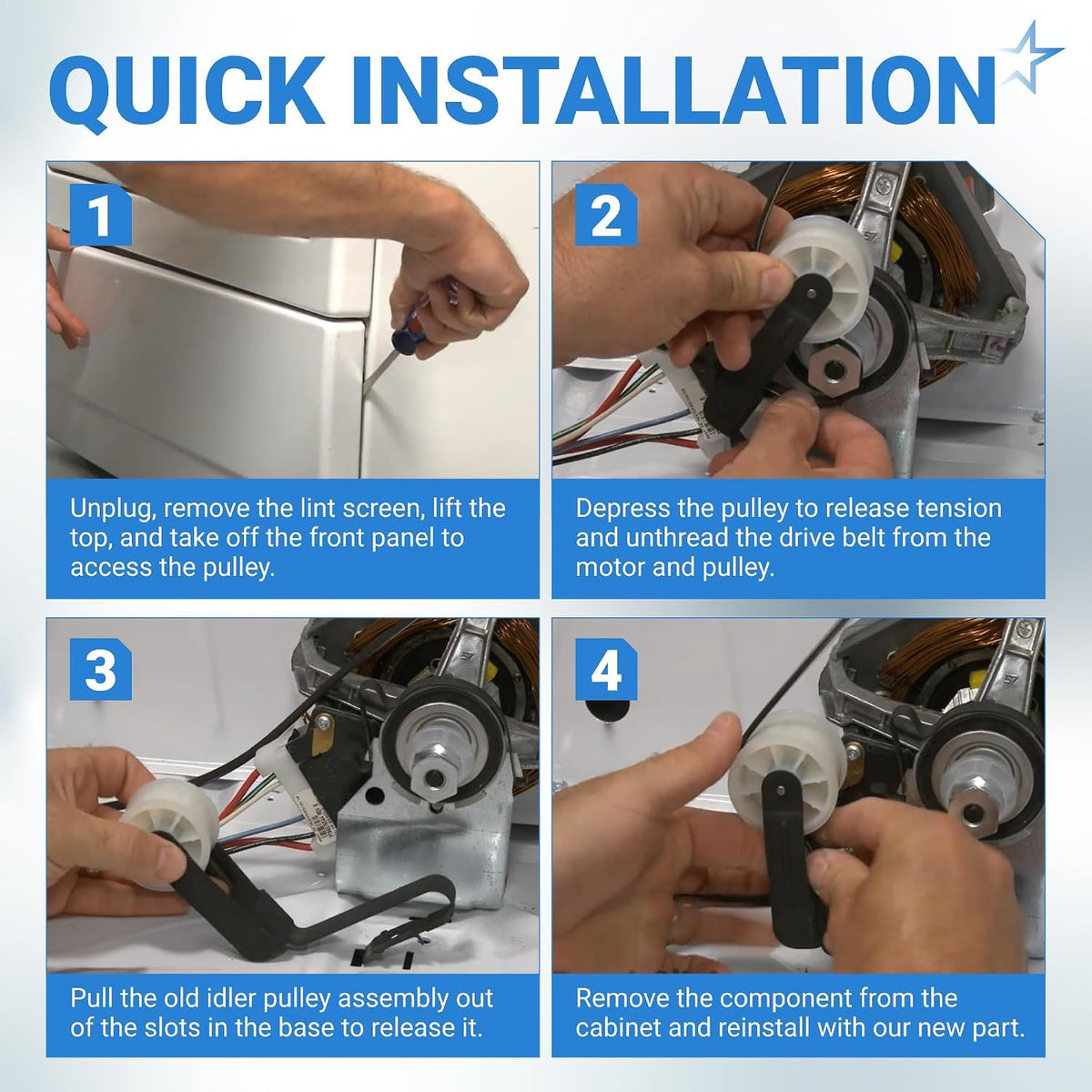 691366 Dryer Idler Pulley, four-step installation guide showing belt release and removal of the old pulley assembly