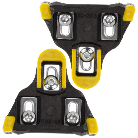 Pair of 6-degree float bike cleats compatible with Shimano SPD-SL pedals, shown from the underside.