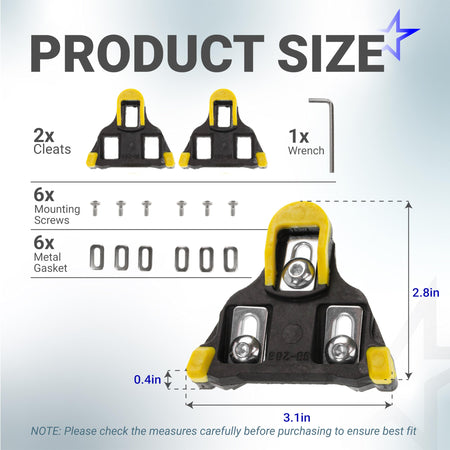 Product size diagram for Shimano SPD-SL compatible bike cleats showing dimensions, mounting screws, gaskets, and wrench.