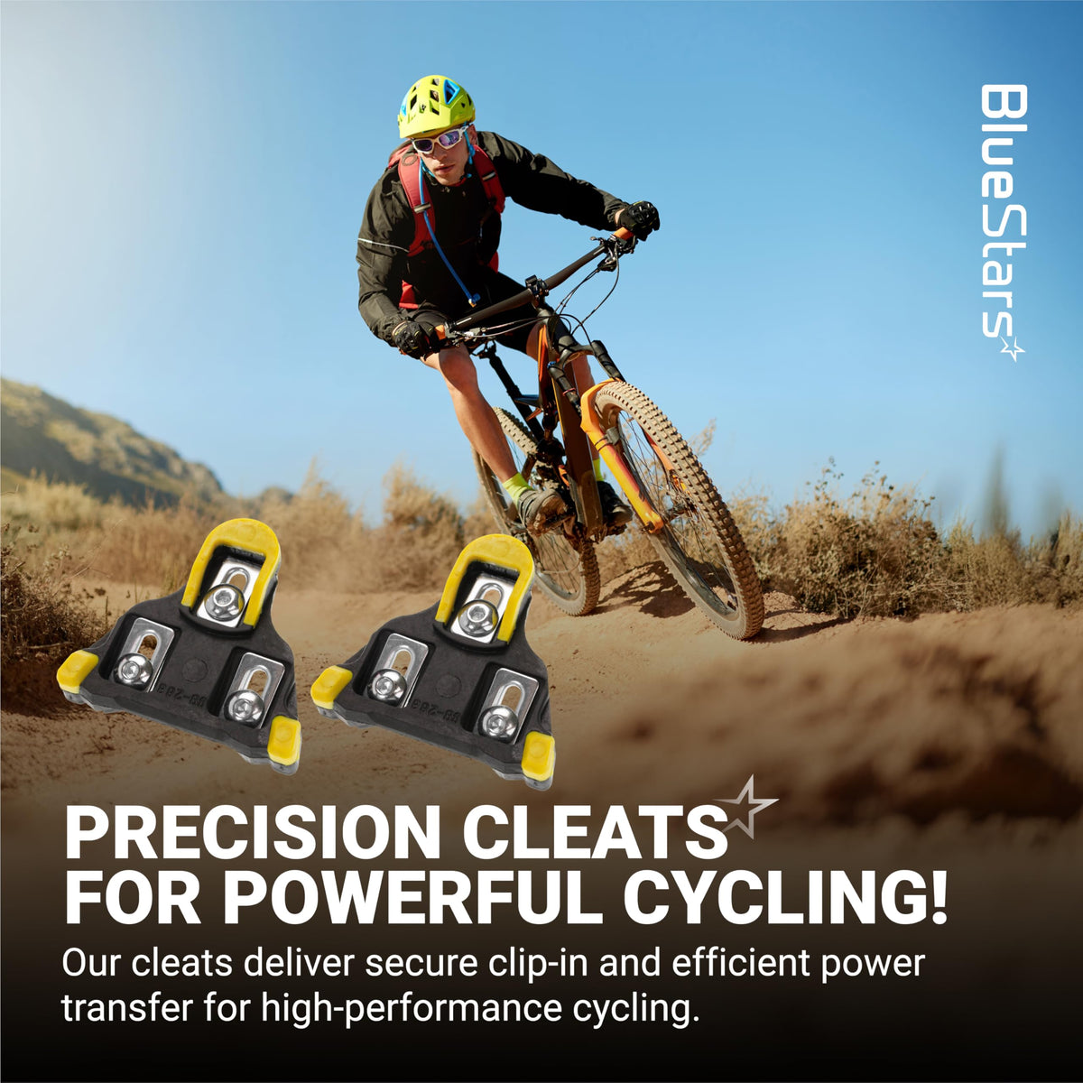 Pair of 6-degree float bike cleats compatible with Shimano SPD-SL pedals shown over a mountain biking lifestyle background.