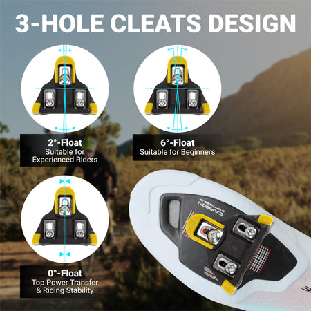 Comparison chart showing 3-hole bike cleats with 0, 2, and 6-degree float options for Shimano SPD-SL compatible shoes.