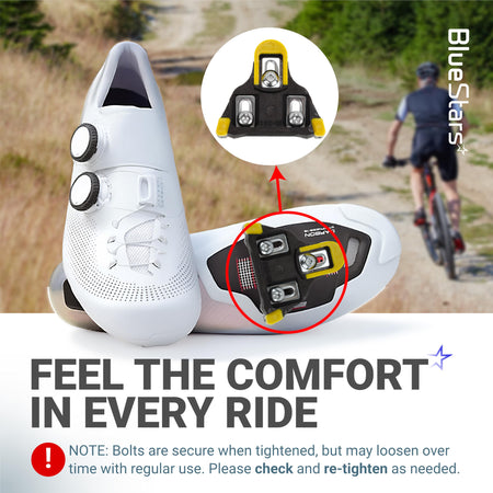 6-degree float bike cleats for Shimano SPD-SL pedals installed on a white cycling shoe.