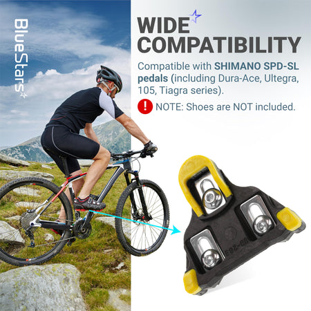 Close-up of 6-degree float bike cleat compatible with Shimano SPD-SL pedals shown with a cyclist for context.