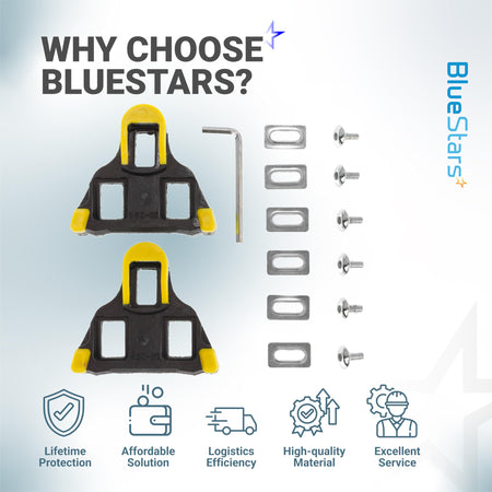 BlueStars bike cleats set for Shimano SPD-SL pedals with 6-degree float, including mounting hardware and hex key.