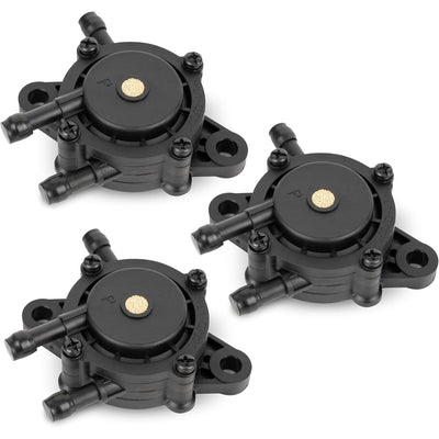 Set of three black plastic fuel pumps for small engines compatible with Briggs & Stratton, Kohler, and Honda.
