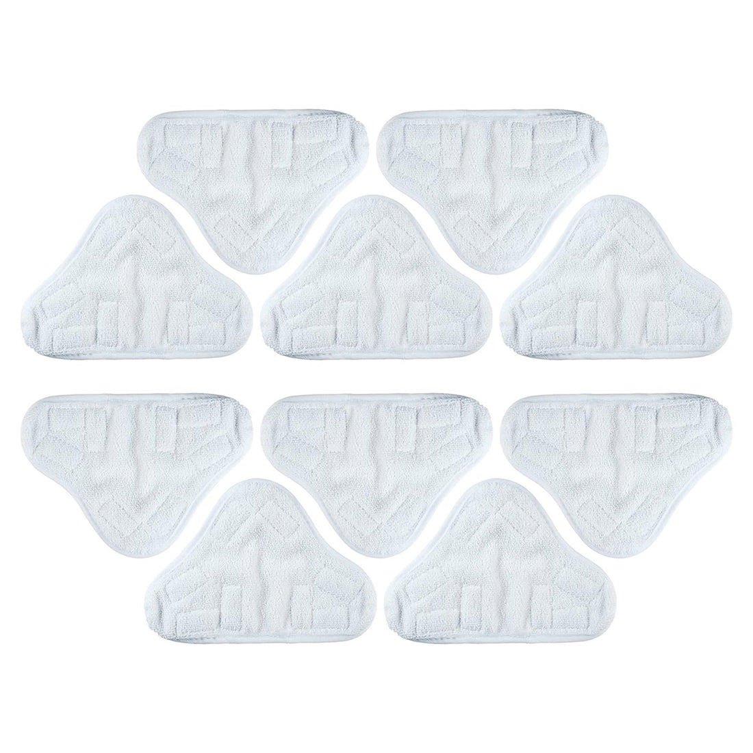 Pack of 10 white triangular microfiber replacement pads for X-Series steam mops arranged on a white background.