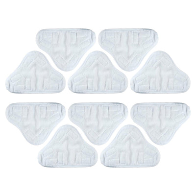 Pack of 10 white triangular microfiber replacement pads for X-Series steam mops arranged on a white background.