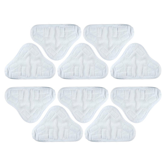 Pack of 10 white triangular microfiber replacement pads for X-Series steam mops arranged on a white background.