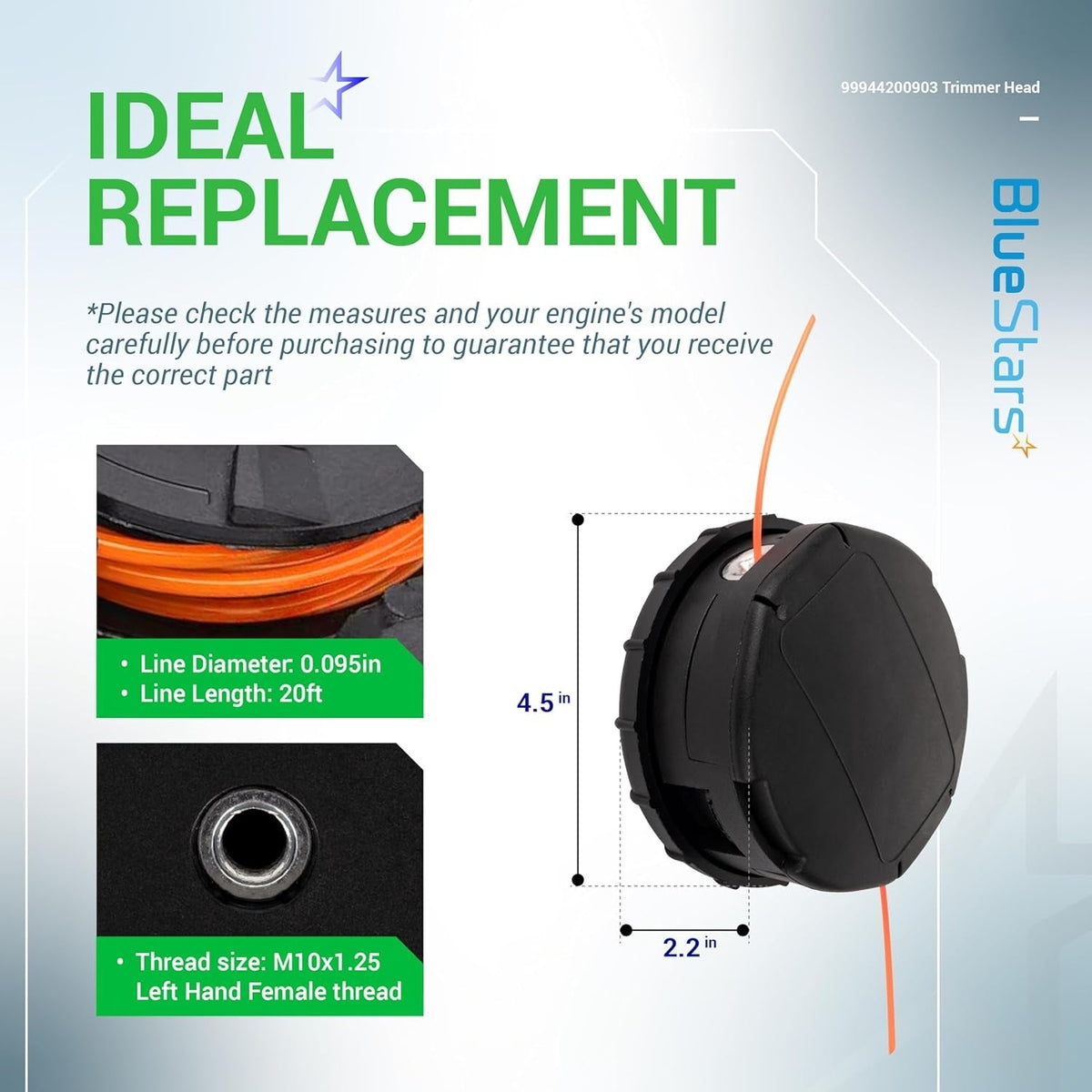 Infographic showing dimensions and specifications for the Speed-Feed 450 trimmer head replacement.