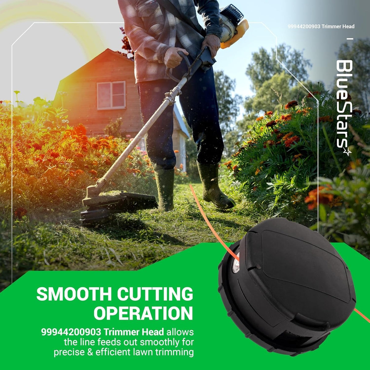99944200903 Speed-Feed 450 trimmer head shown in a lifestyle graphic for efficient lawn trimming.