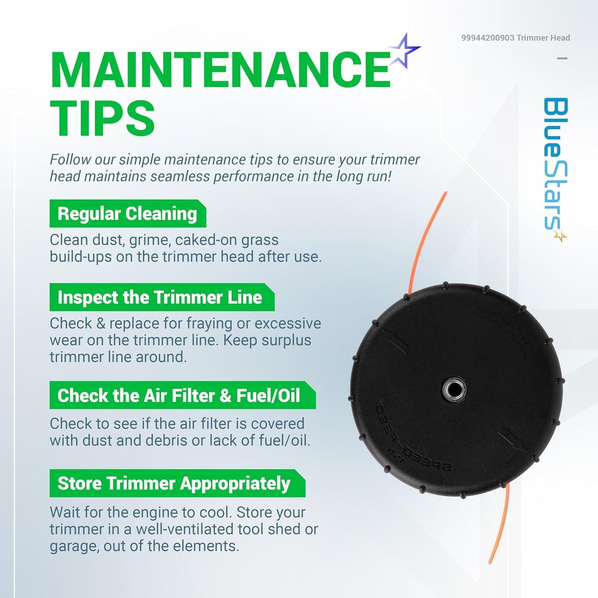 Maintenance tips infographic for Speed-Feed 450 trimmer head featuring cleaning and inspection instructions.