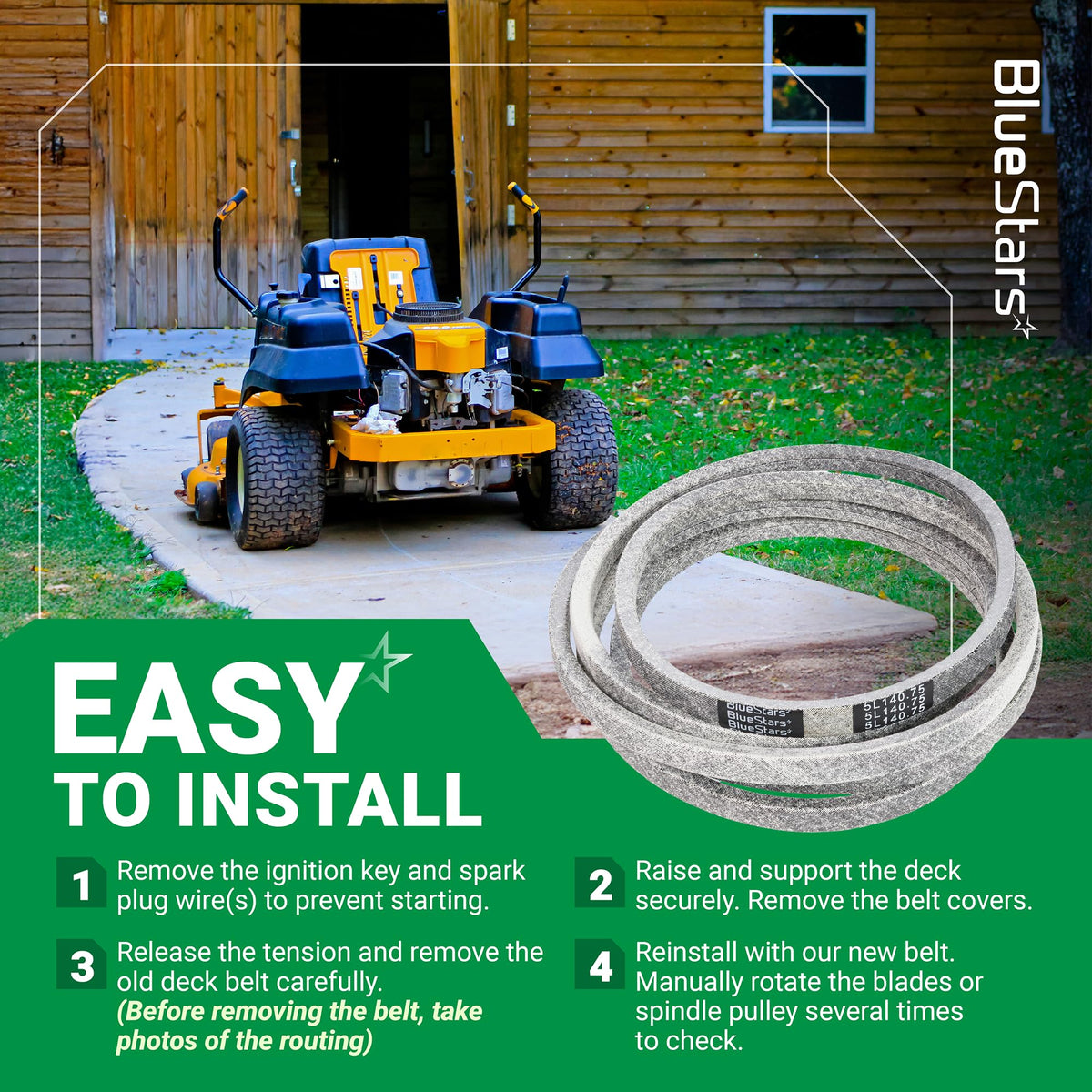Replacement deck belt for Hustler Raptor 52-inch mowers with installation instructions graphic.