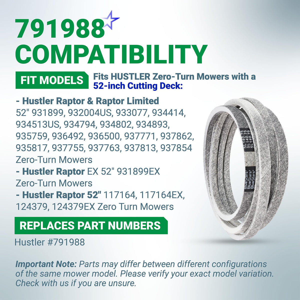Compatibility chart for 791988 deck belt replacement for 52-inch Hustler Raptor zero-turn mowers.