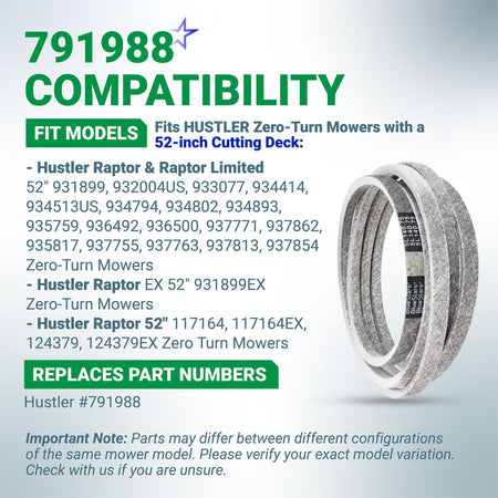 Compatibility chart for 791988 deck belt replacement for 52-inch Hustler Raptor zero-turn mowers.