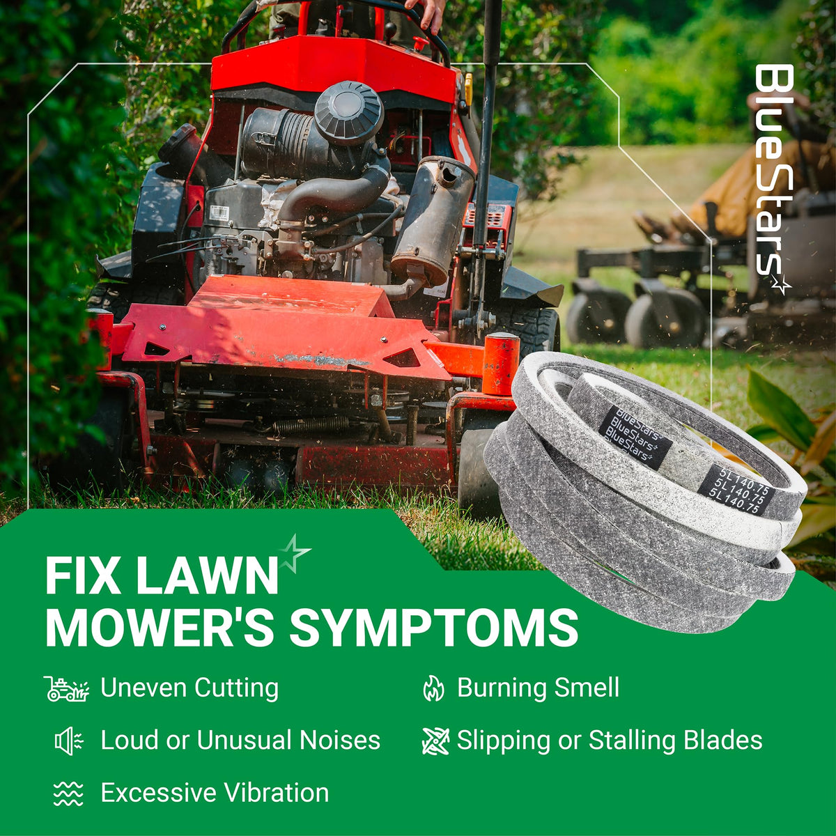 Replacement deck belt for Hustler Raptor 52-inch zero turn mowers shown with lawn mower maintenance infographic.