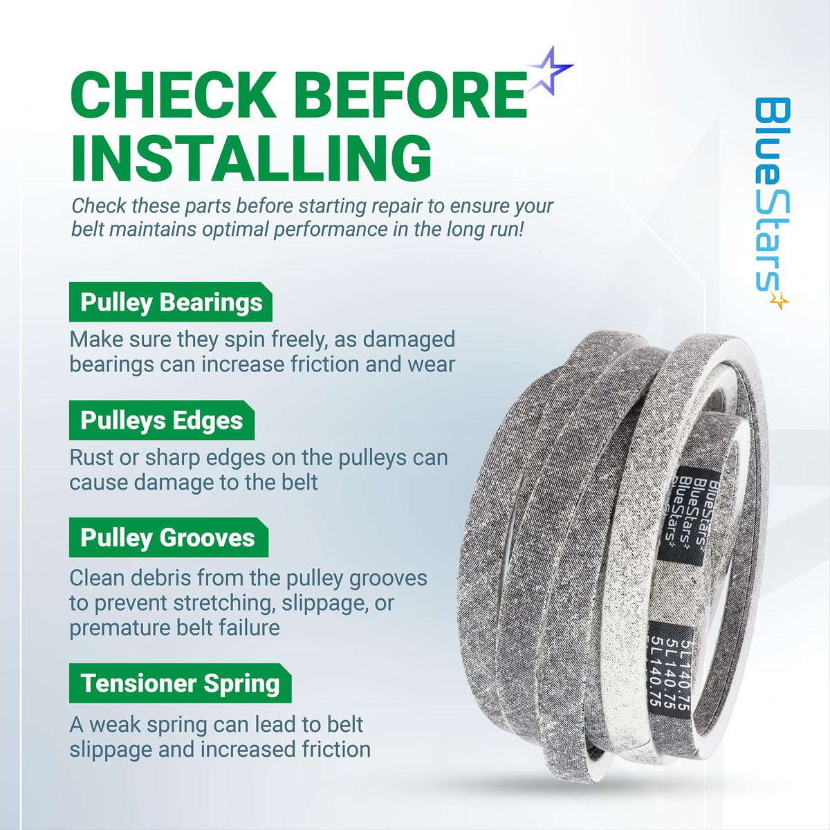 Instructional graphic for 791988 deck belt replacement showing maintenance tips for mower pulleys and tensioner springs.