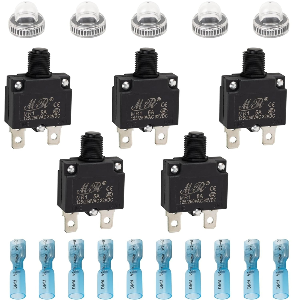Five 5A thermal circuit breakers with protective caps and ten blue wire terminals.