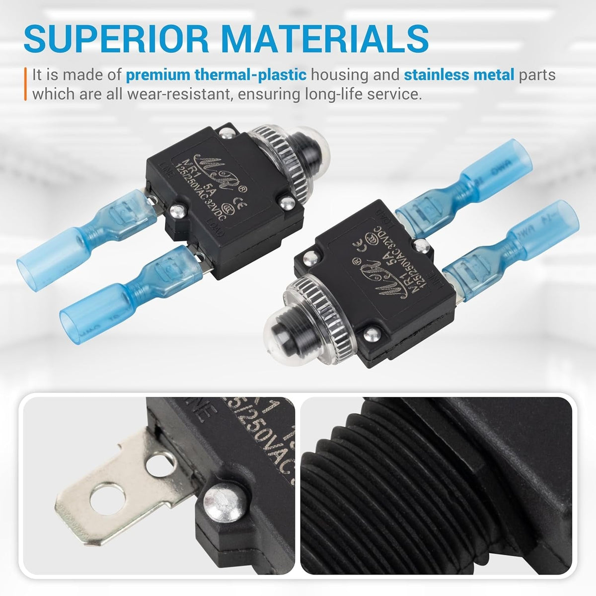 Two 5A thermal circuit breakers with blue wire connectors and close-up views of the terminal and threaded housing.