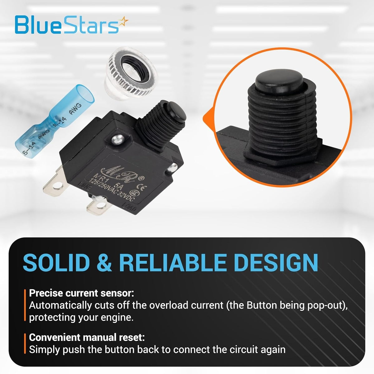 5Amp thermal circuit breaker with manual reset button, mounting nut, and wire connector.