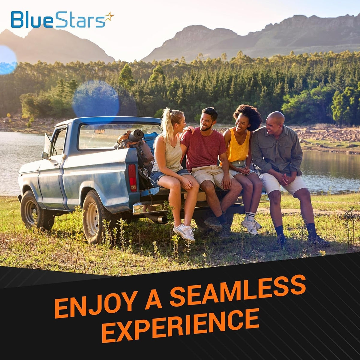 BlueStars lifestyle graphic featuring a group of friends sitting on a pickup truck by a lake.
