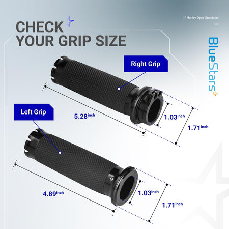 Dimensional diagram of 1-inch motorcycle handlebar grips showing length and diameter for Harley-Davidson compatibility.