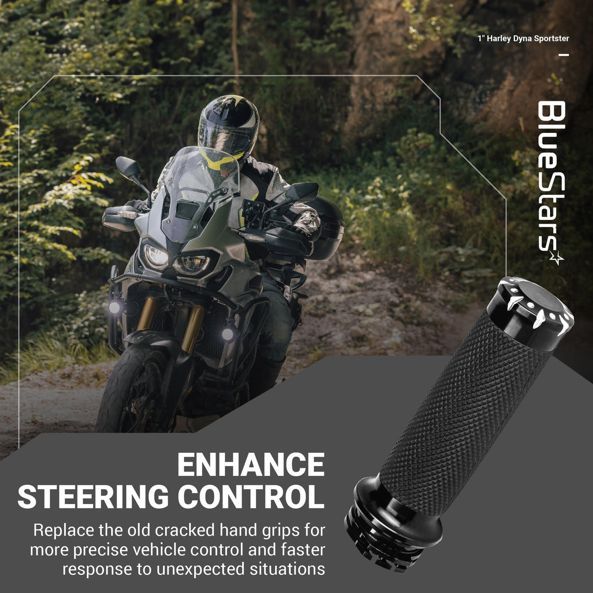 Close-up of a 1-inch non-slip motorcycle handlebar grip compatible with Harley Dyna and Sportster models.
