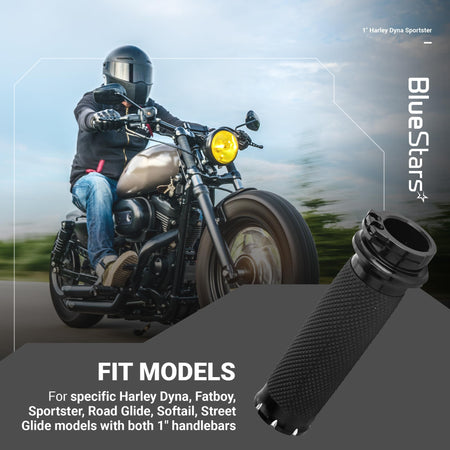 Close-up of a single black non-slip 1-inch handlebar grip for Harley motorcycles with fitment information.