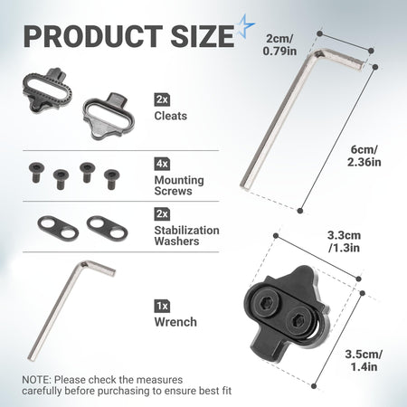 Diagram showing dimensions of bike cleats, mounting screws, stabilization washers, and hex wrench for Shimano SPD pedals.