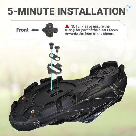 Diagram showing 5-minute installation of bike cleats onto a cycling shoe with mounting hardware.