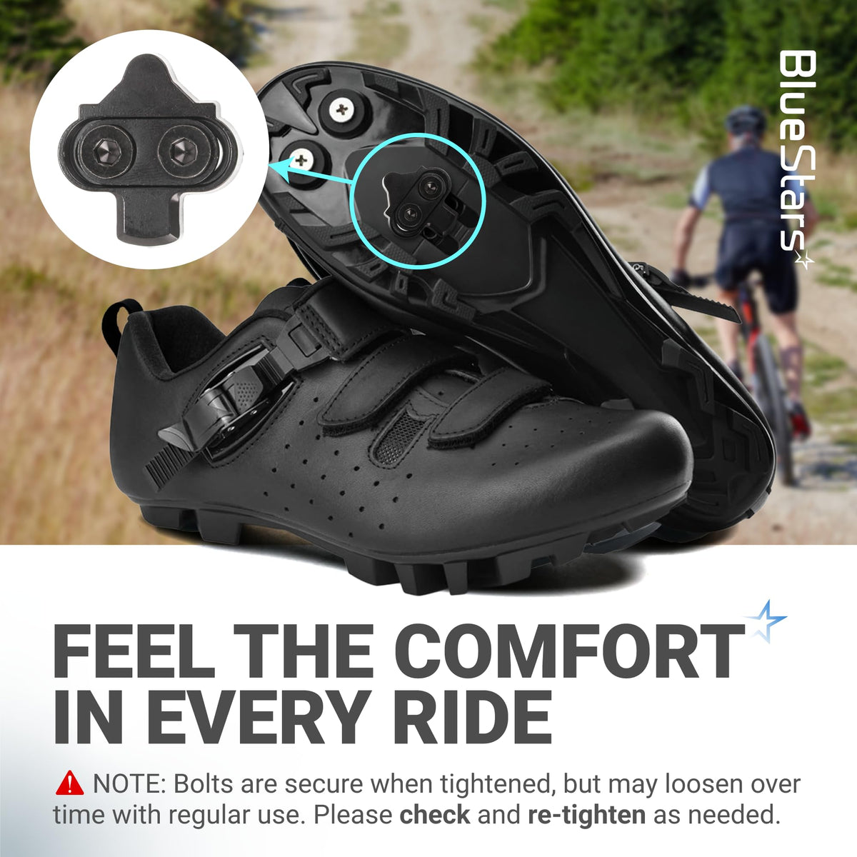 Bike cleats compatible with Shimano SPD and Look X-Track pedals installed on a black cycling shoe.