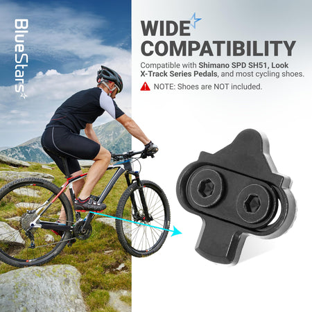 Close-up of a bike cleat compatible with Shimano SPD and Look X-Track pedals shown with a cyclist on a mountain bike.
