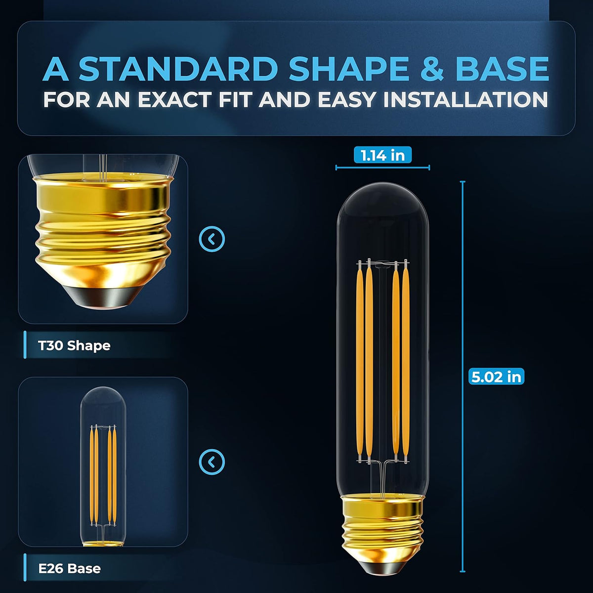 Diagram showing T30 tubular LED bulb dimensions and E26 medium base specifications.