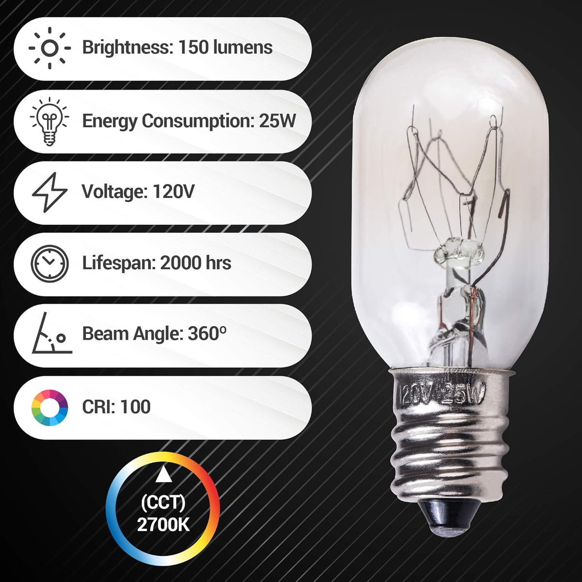 Single E12 T20 25W incandescent salt lamp bulb with technical specifications infographic.