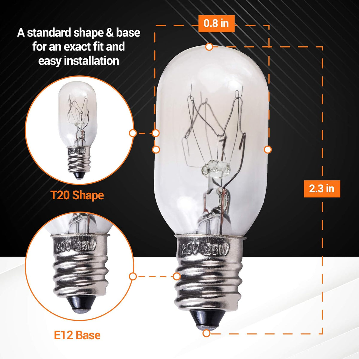 Diagram showing E12 T20 25W incandescent salt lamp bulb dimensions and base details.