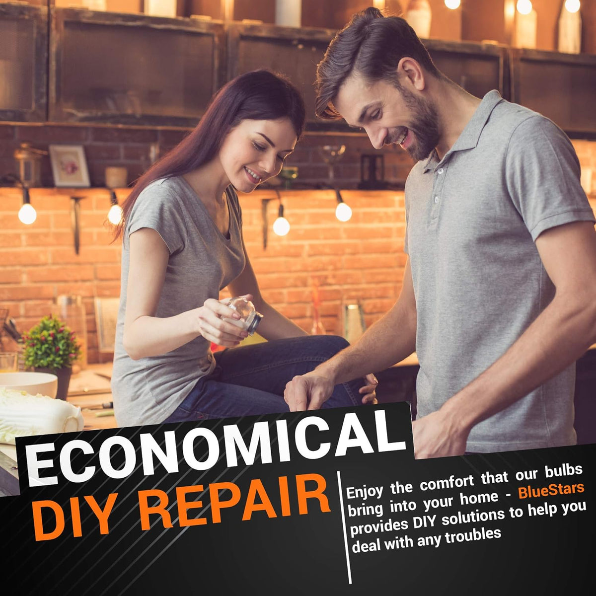 Couple in a warm kitchen setting promoting BlueStars DIY repair solutions for E12 T20 25W incandescent bulbs.